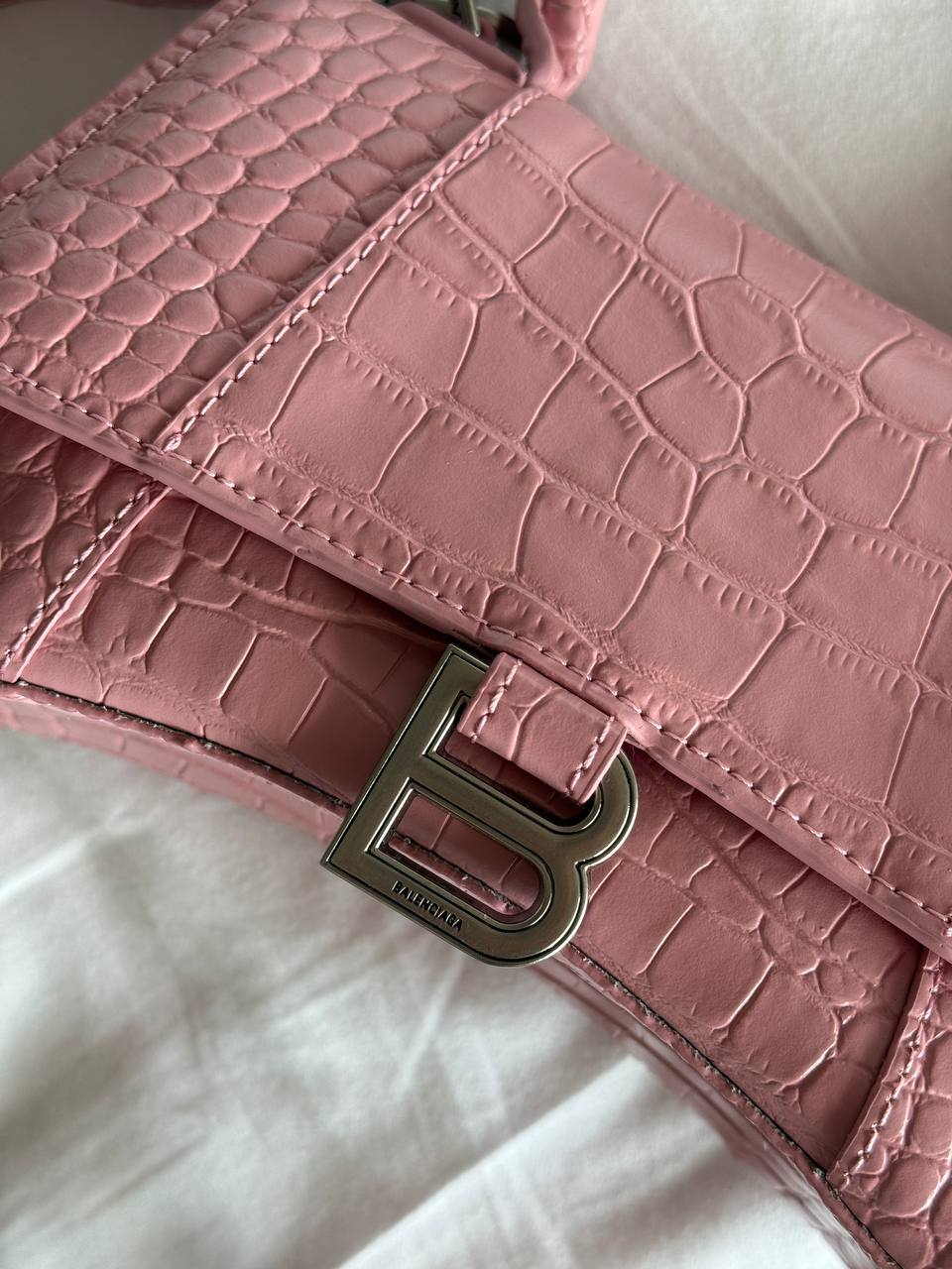 Balenciaga Hourglass Handbag Small in Crocodile Embossed Calfsk Pink - 6