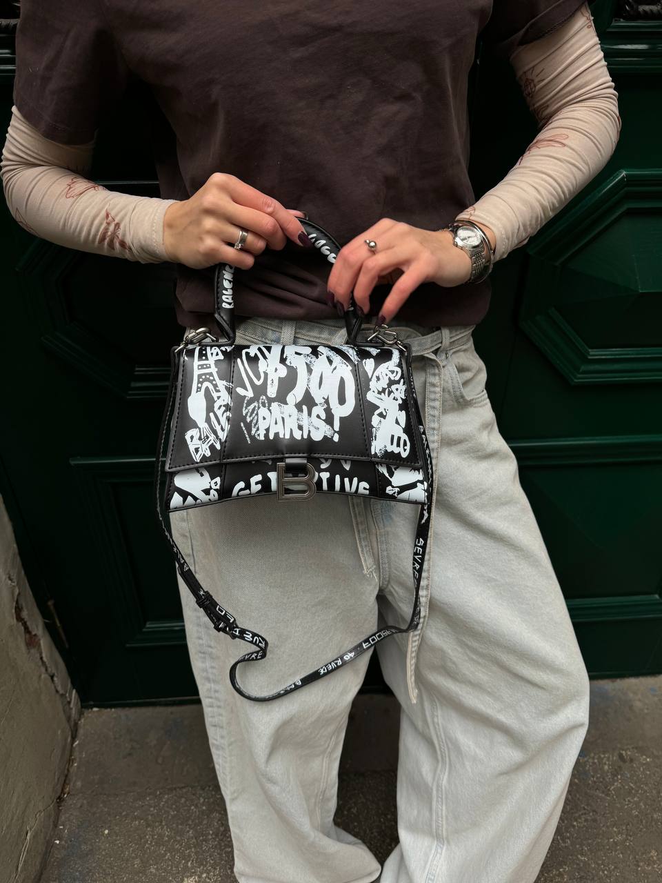 Balenciaga Hourglass Small Handbag Graffiti in Black - 3