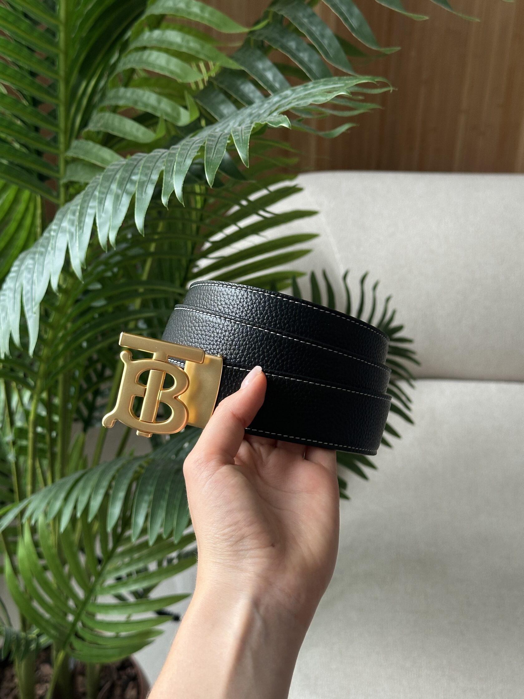 Burberry Leather TB Belt Black/Tan/Gold - 5