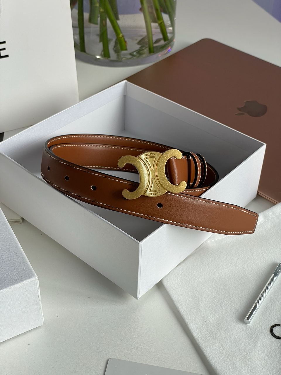 Celine Medium Triomphe Belt In Taurillon Leather Brown - 5