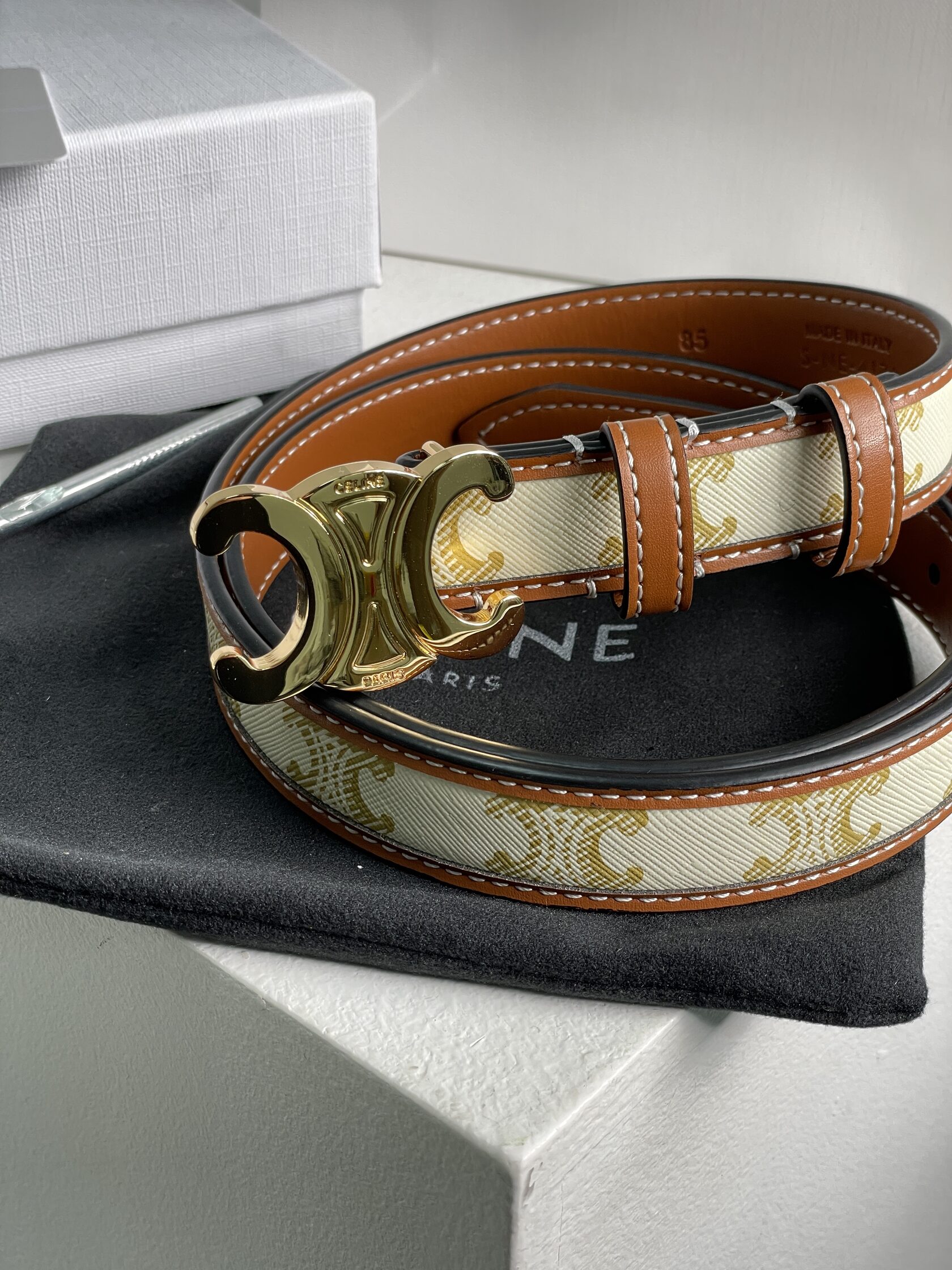 Celine Medium Triomphe Belt In Triomphe Canvas And Calfskin White