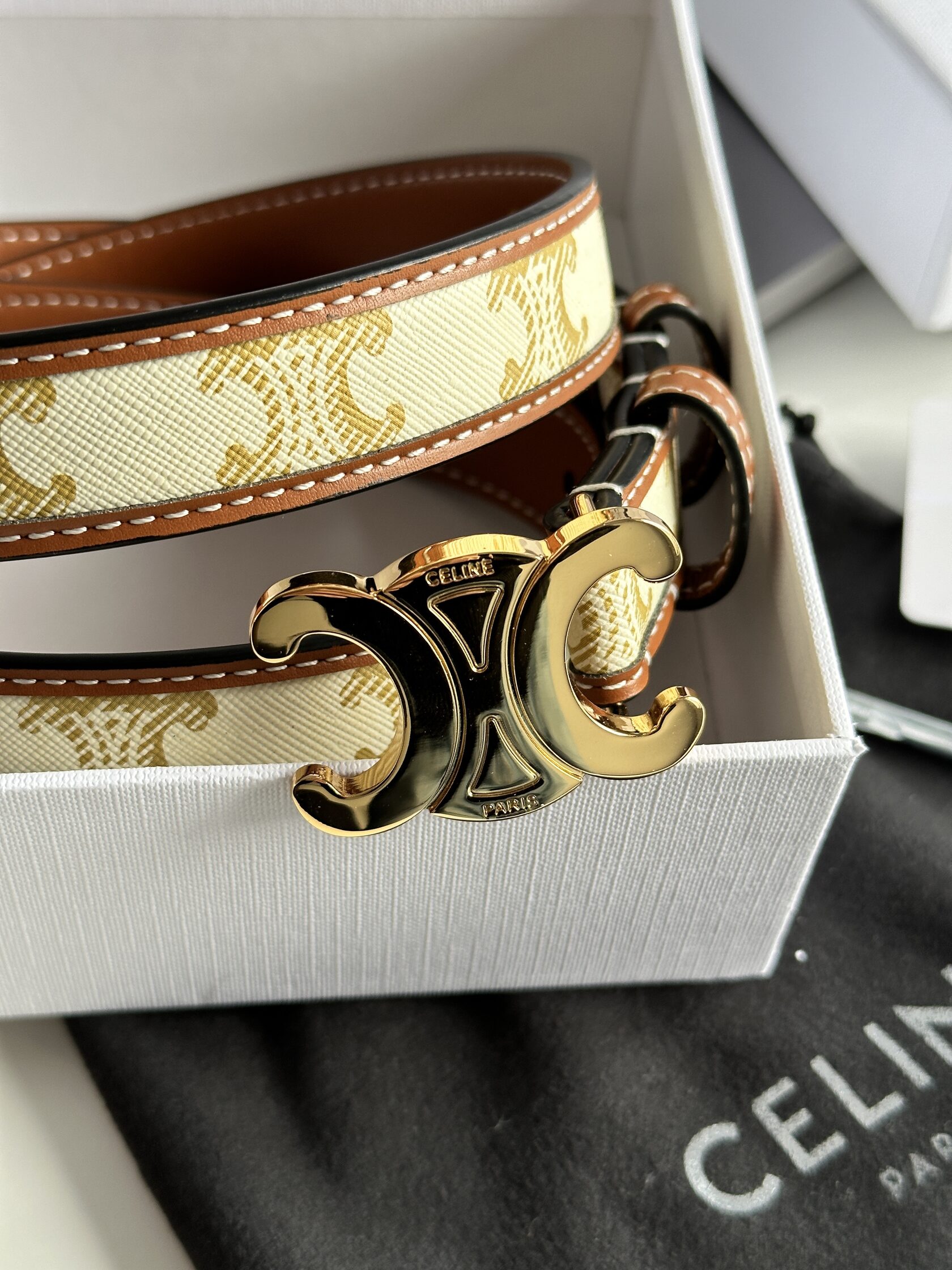 Celine Medium Triomphe Belt In Triomphe Canvas And Calfskin White - 3