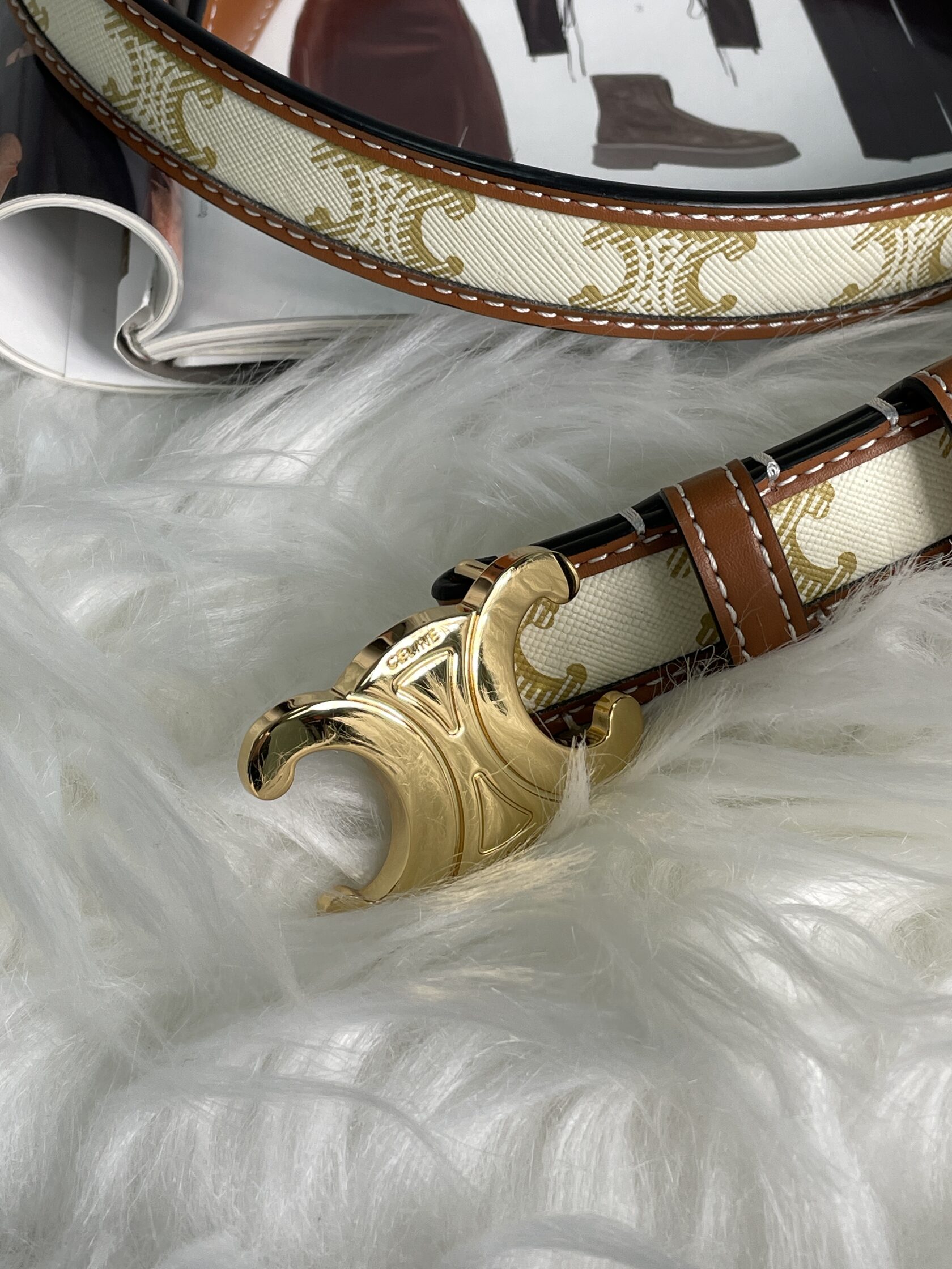 Celine Medium Triomphe Belt In Triomphe Canvas And Calfskin White - 5