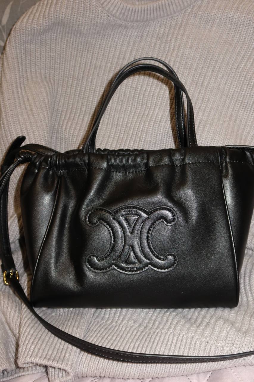 Celine Small Cabas Drawstring Cuir Triomphe In Smooth Calfskin Tan Black - 3