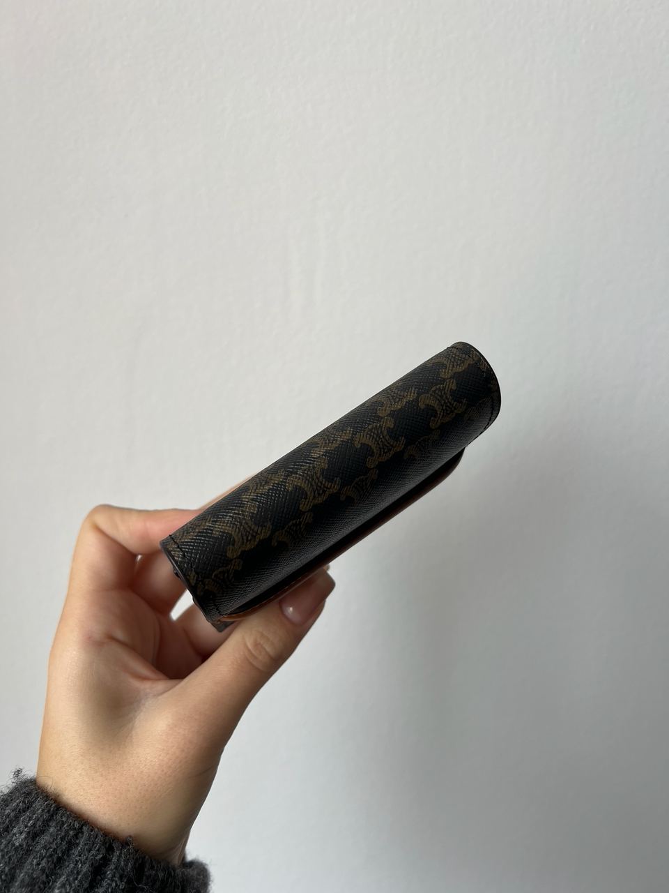 Celine Small Trifold Wallet In Triomphe Canvas And Lambskin Tan - 12