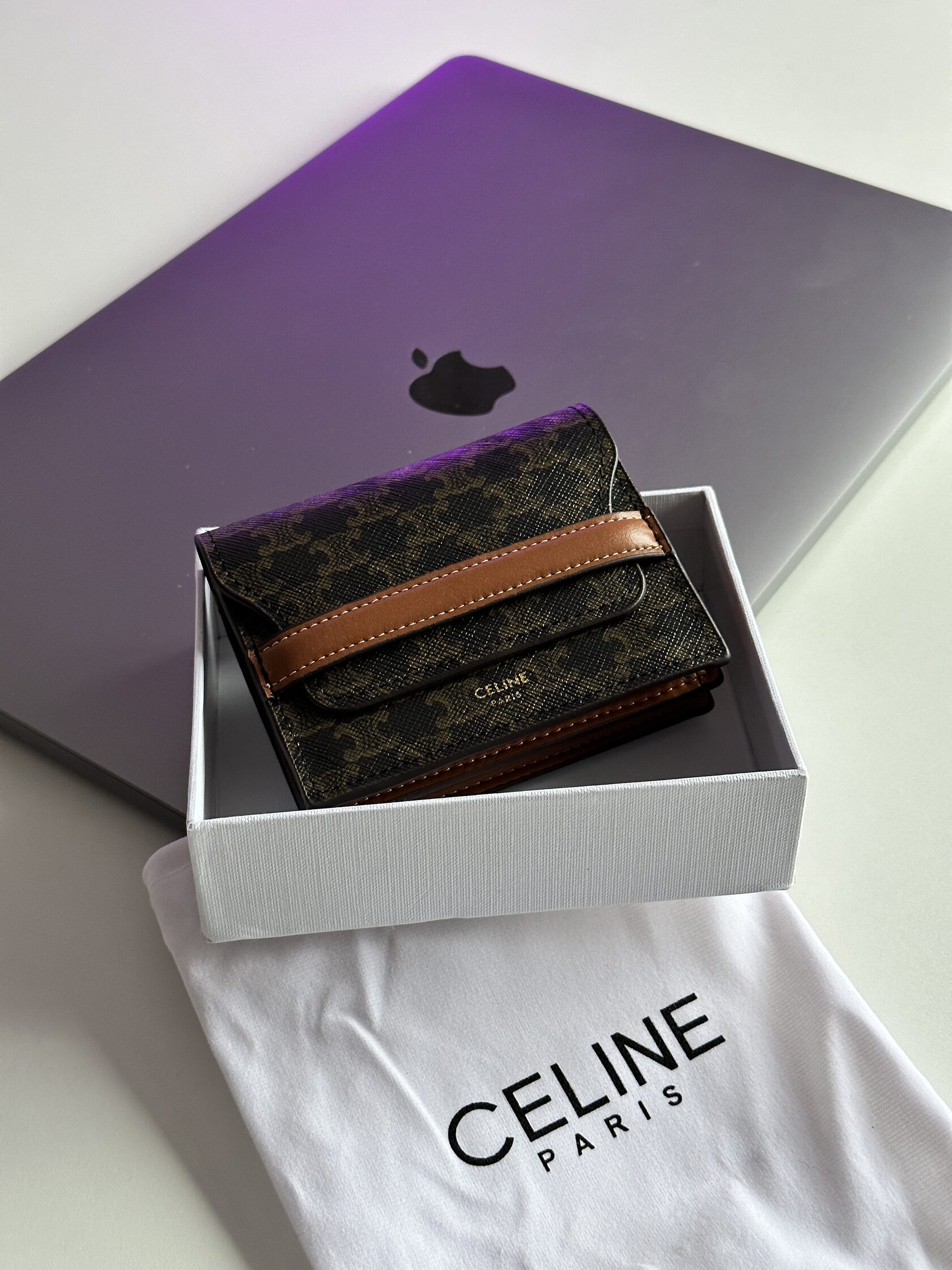 Celine Small Trifold Wallet In Triomphe Canvas And Lambskin Tan - 2