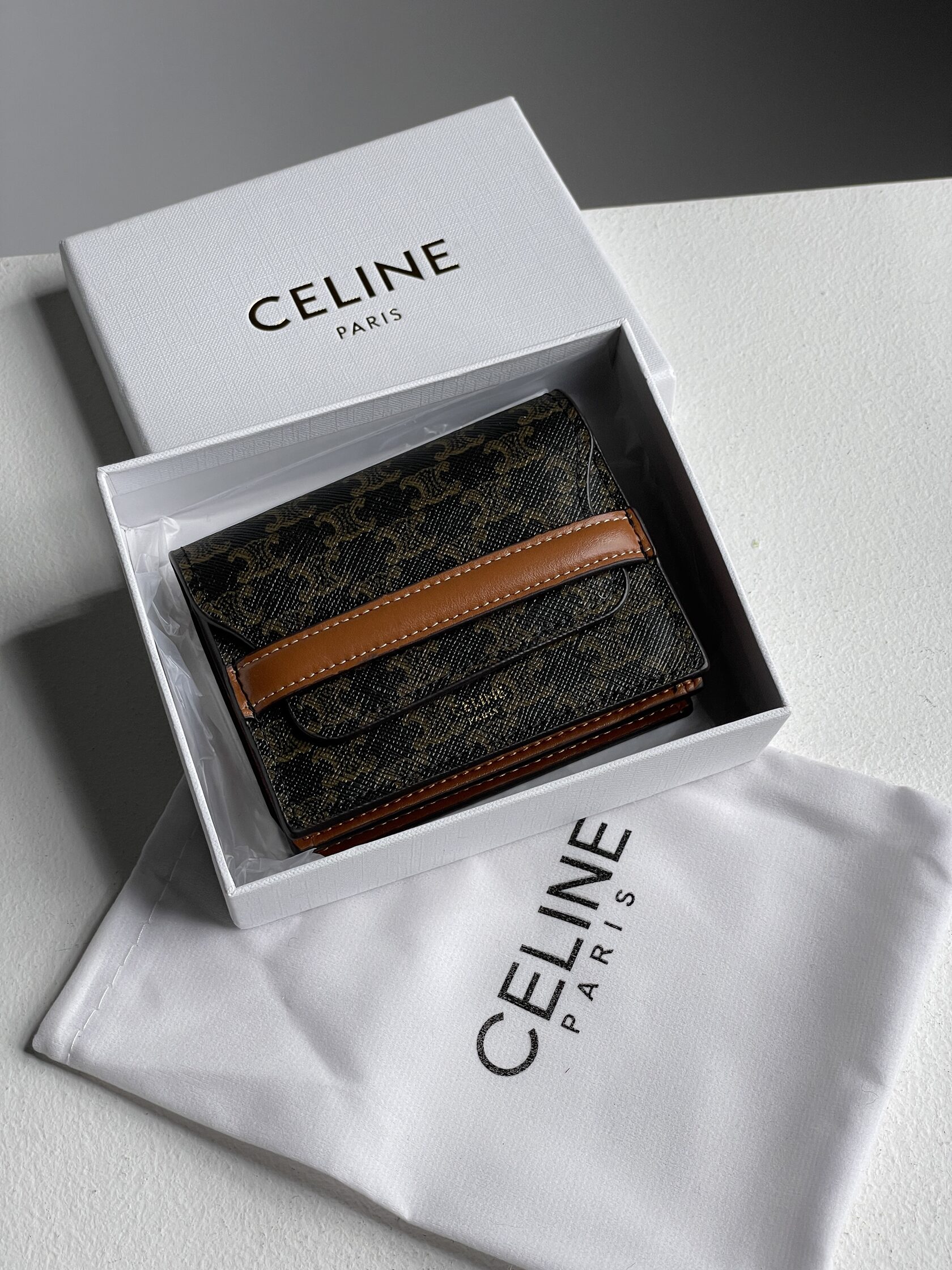 Celine Small Trifold Wallet In Triomphe Canvas And Lambskin Tan - 3