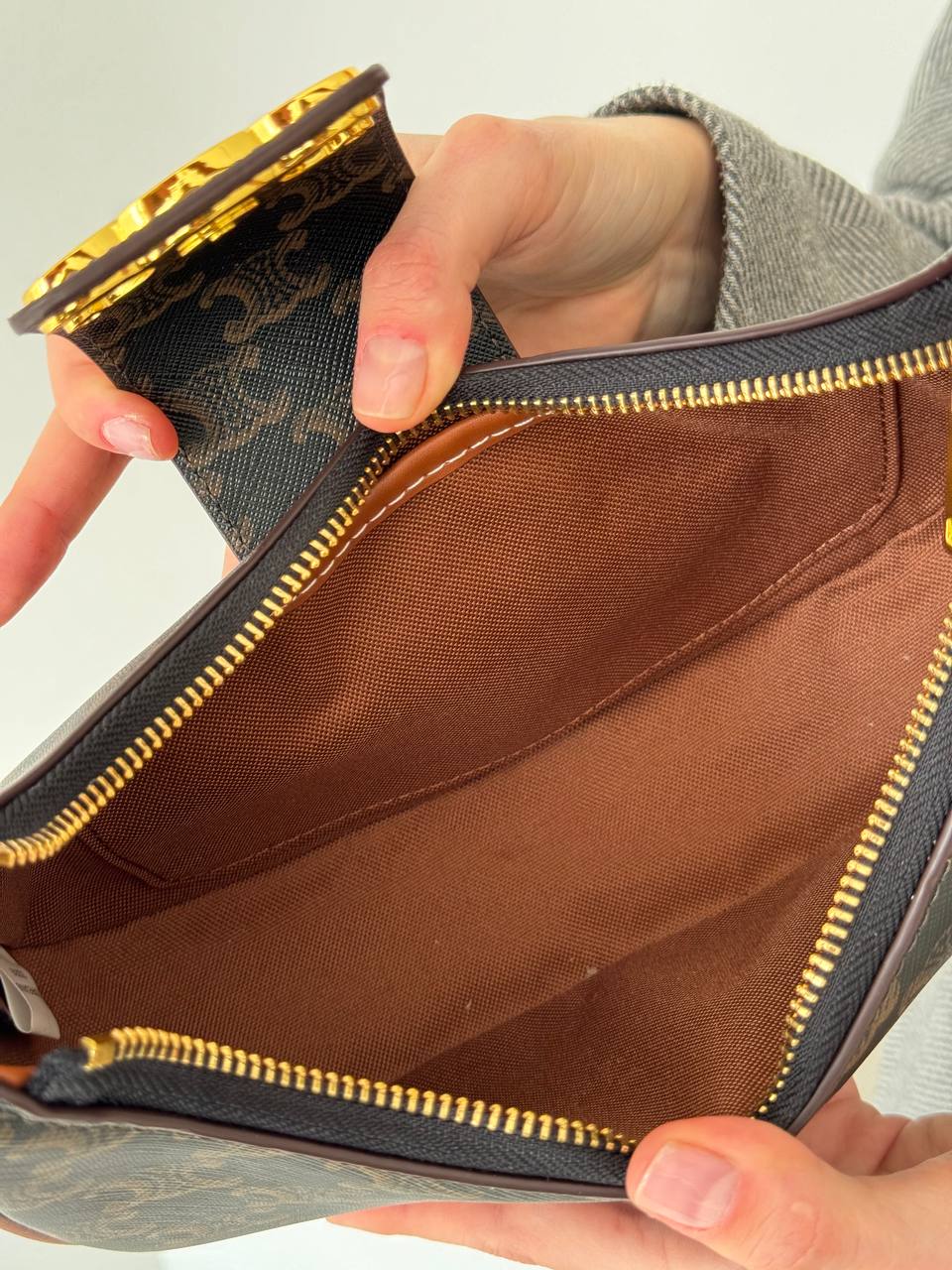 Celine Small Triomphe Besace Bag in Triomphe Canvas and Calfskin - 7