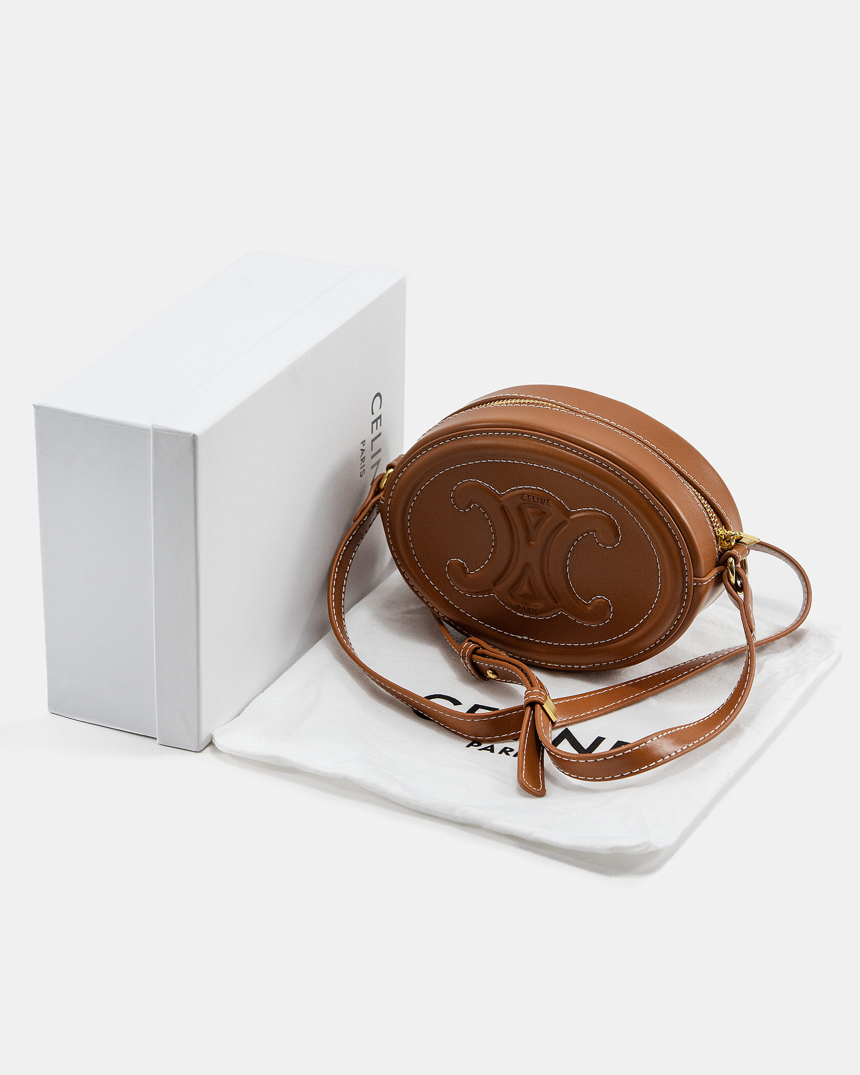 Celine Teen Oval Triomphe Bag in Tan Calfskin - 2