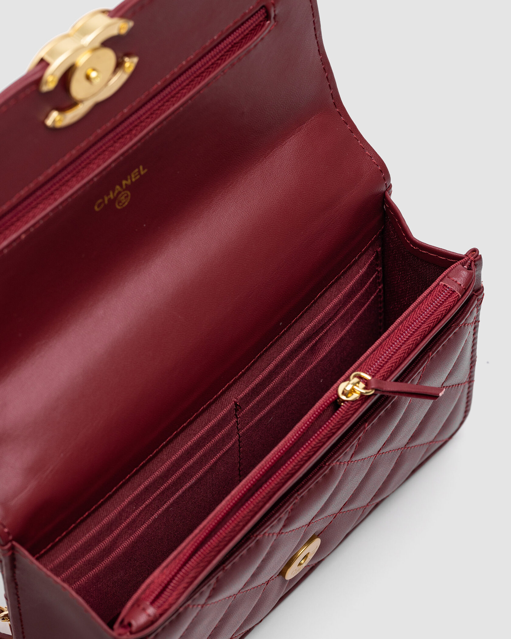 Chanel Calfskin Quilted Perfect Fit Wallet On Chain Burgundy/Gold - 15