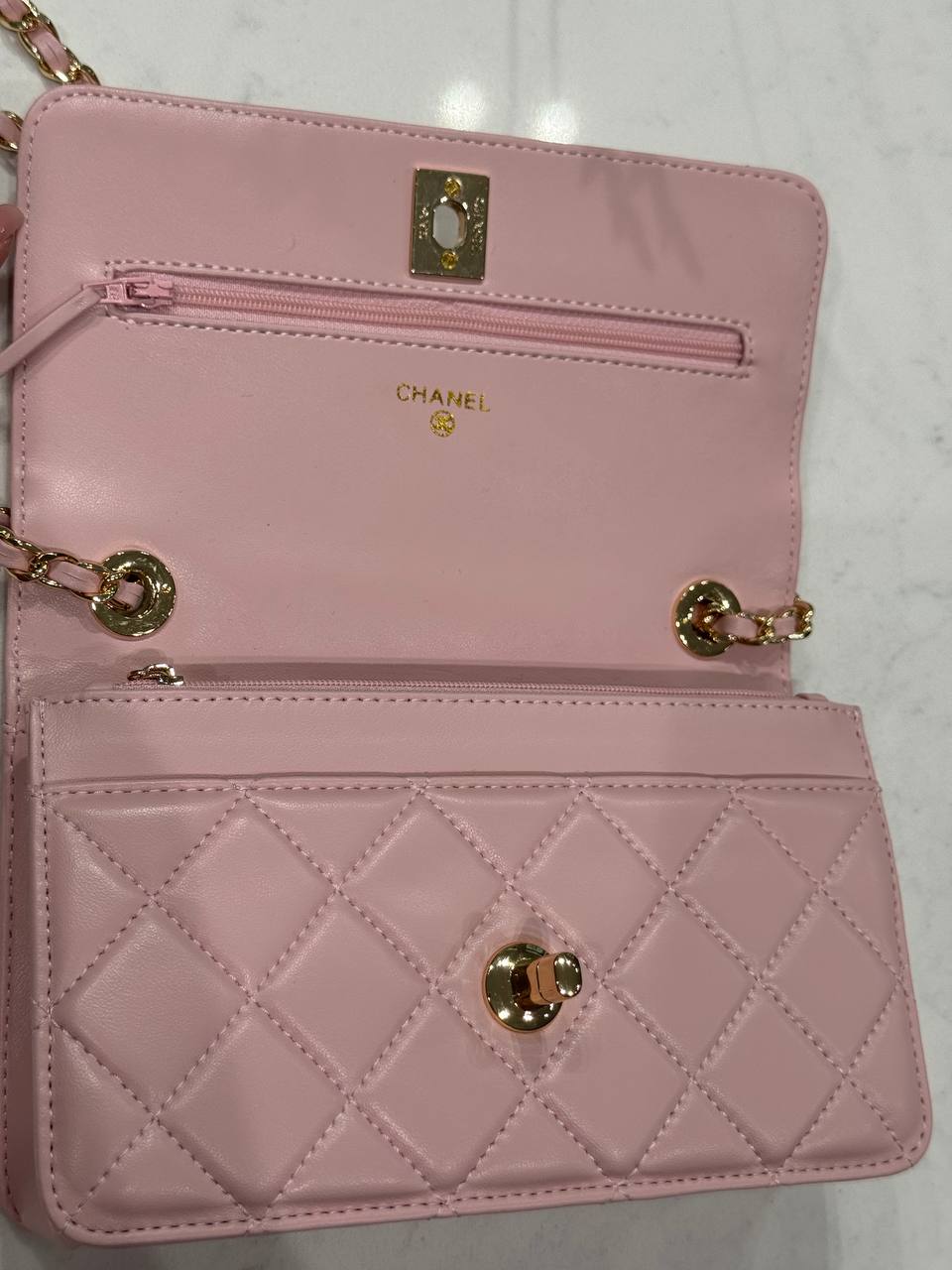 Chanel Calfskin Quilted Perfect Fit Wallet On Chain Pink/Gold - 13