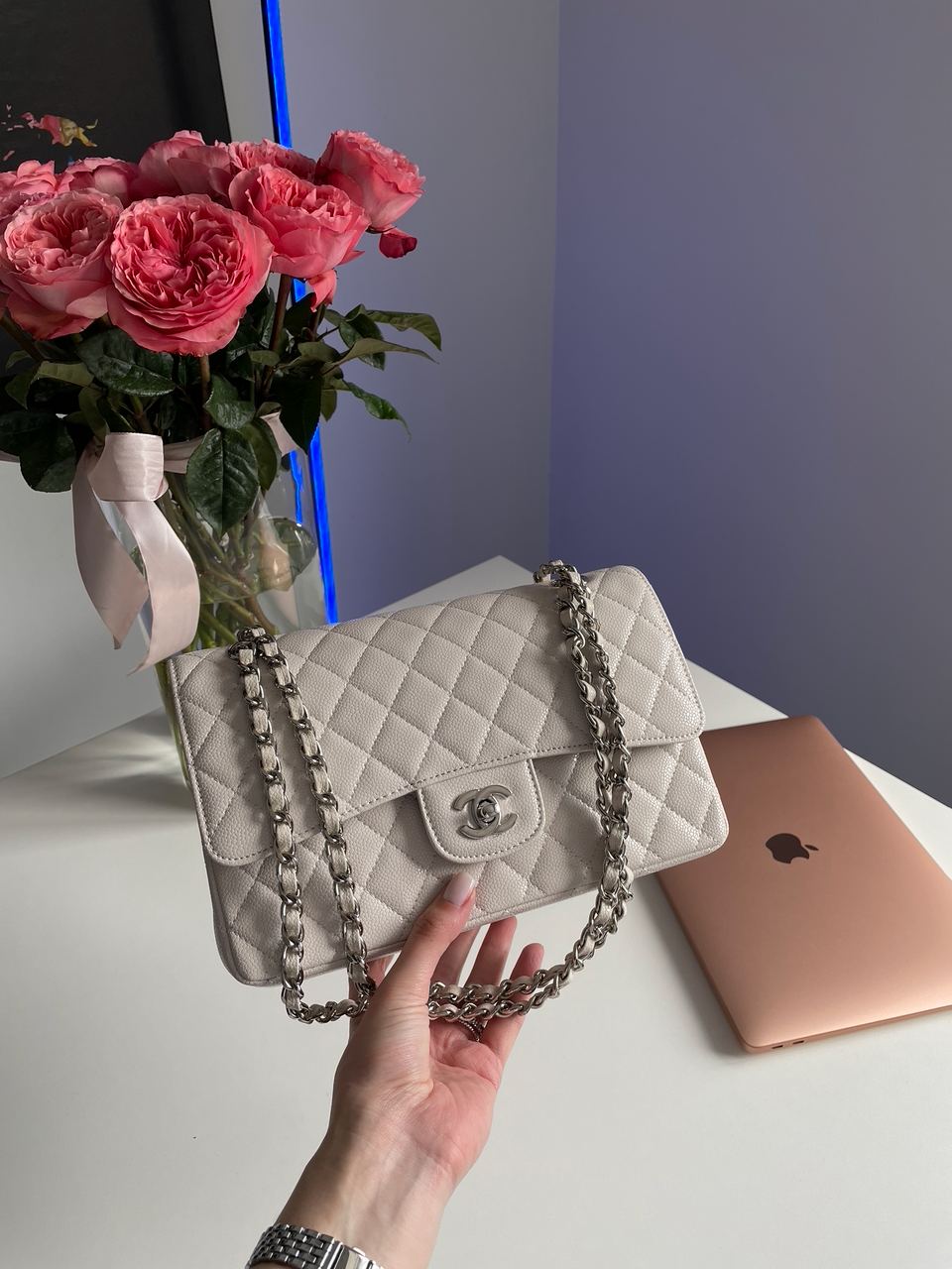 Chanel Classic 2.55 Medium Double Flap in White/Silver - 10