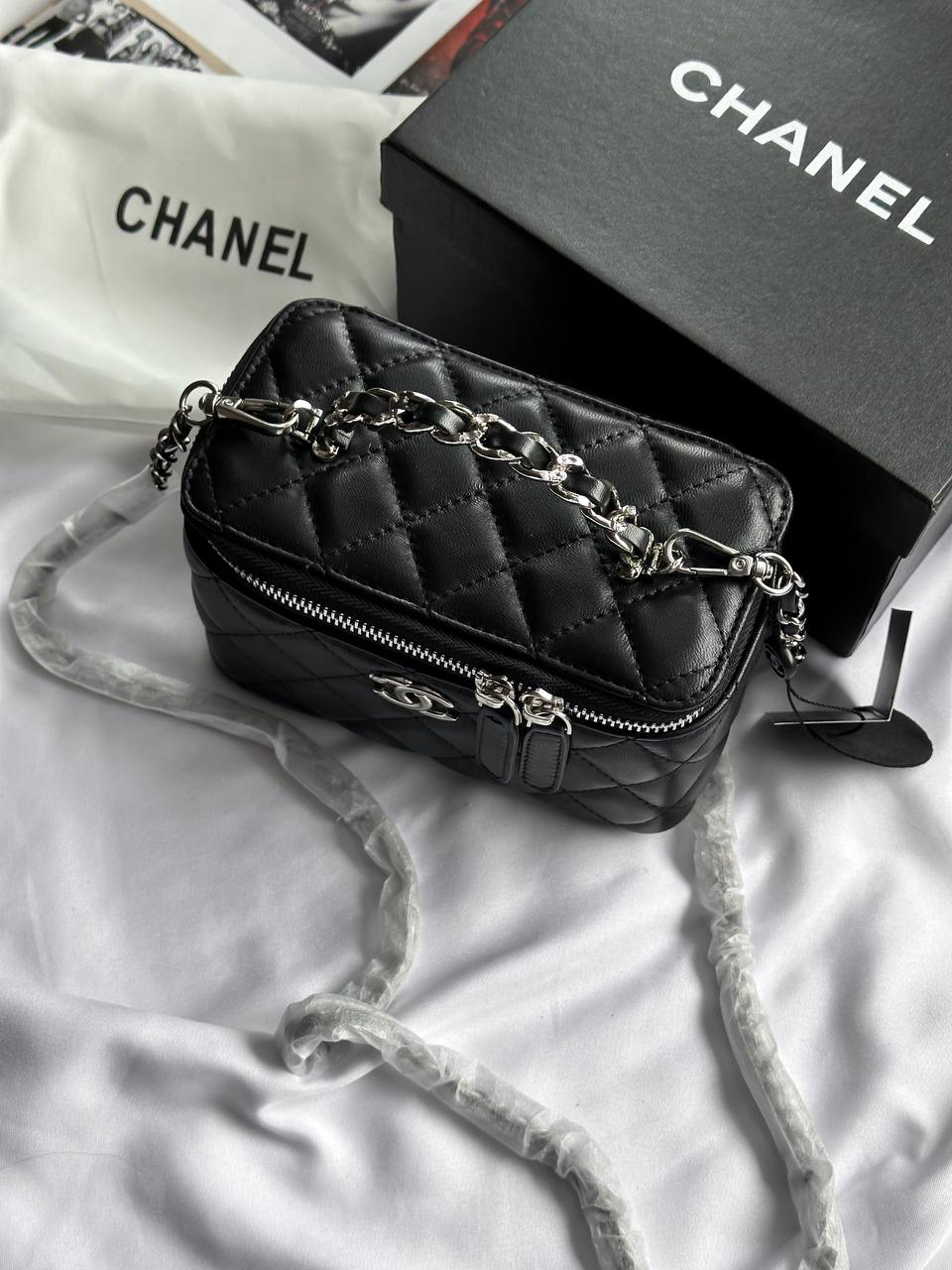 Chanel Classic Black Lambskin Pearl Crush Vanity Bag Silver - 11