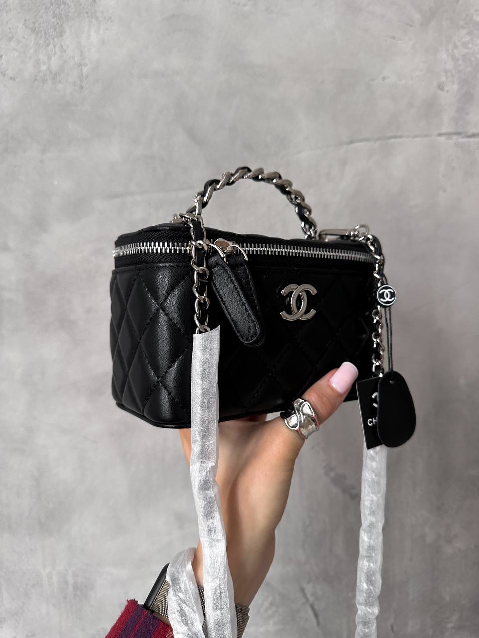 Chanel Classic Black Lambskin Pearl Crush Vanity Bag Silver - 7
