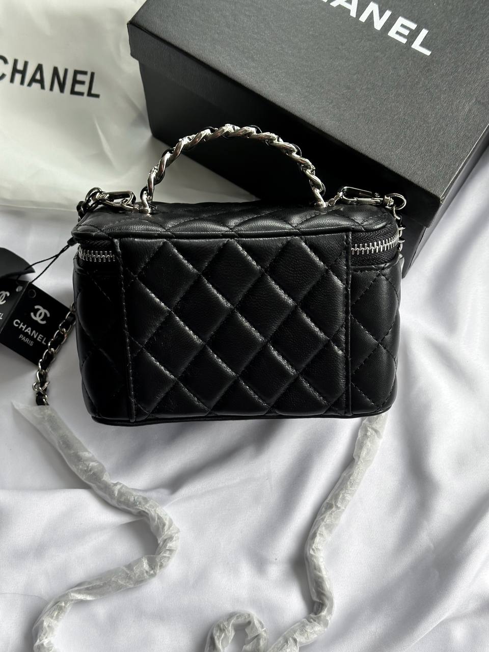 Chanel Classic Black Lambskin Pearl Crush Vanity Bag Silver - 9
