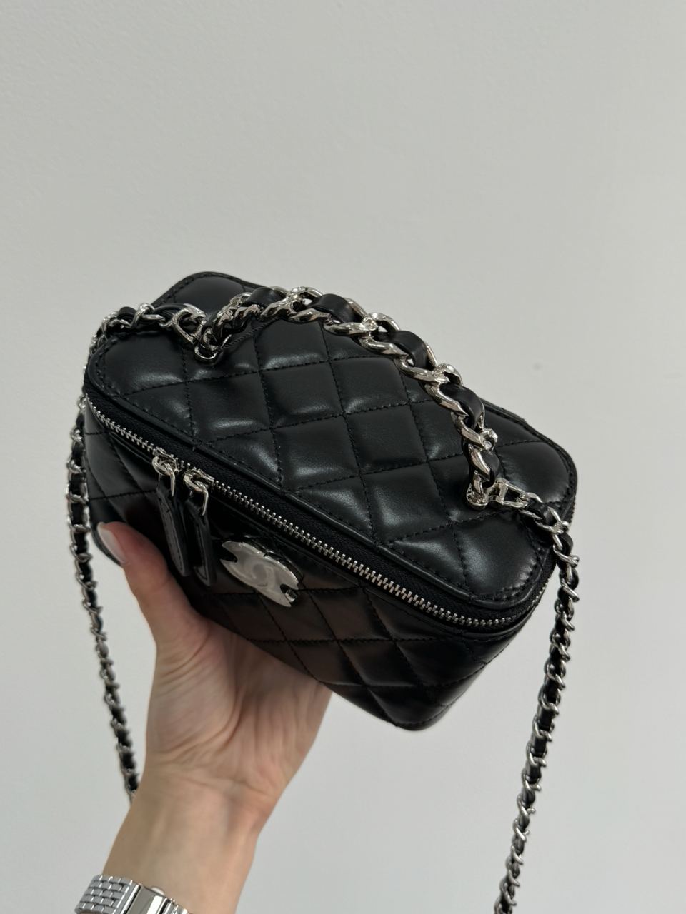 Chanel Classic Black Lambskin Pearl Crush Vanity Bag Silver - 17