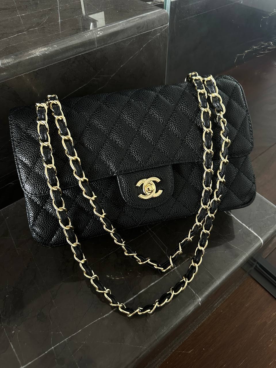 Chanel Classic Double Flap Bag Medium in Black Caviar Leather with Gold Hardware - 3