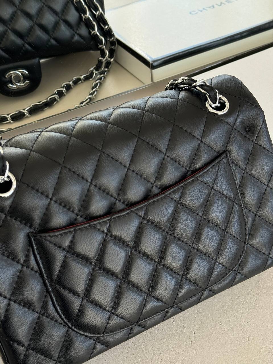 Chanel Classic Double Flap Bag Medium in Black Caviar Leather with Silver Hardware - 14