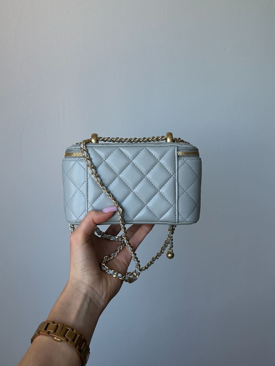 Chanel Classic Grey Lambskin Pearl Crush Vanity Bag Gold - 6