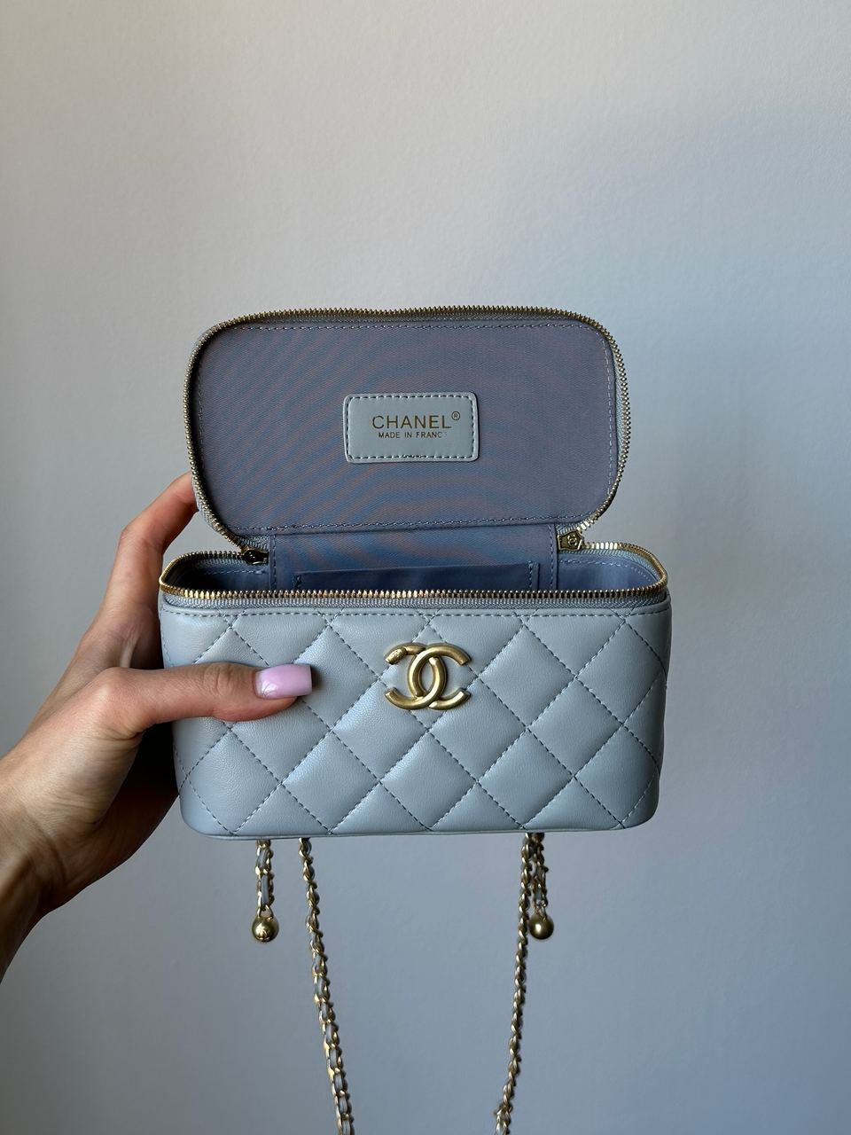Chanel Classic Grey Lambskin Pearl Crush Vanity Bag Gold - 9
