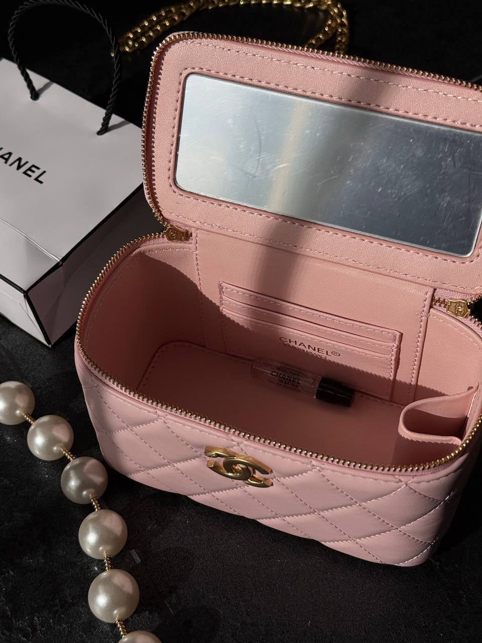 Chanel Classic Light Pink Lambskin Mini Vanity Case Gold - 12