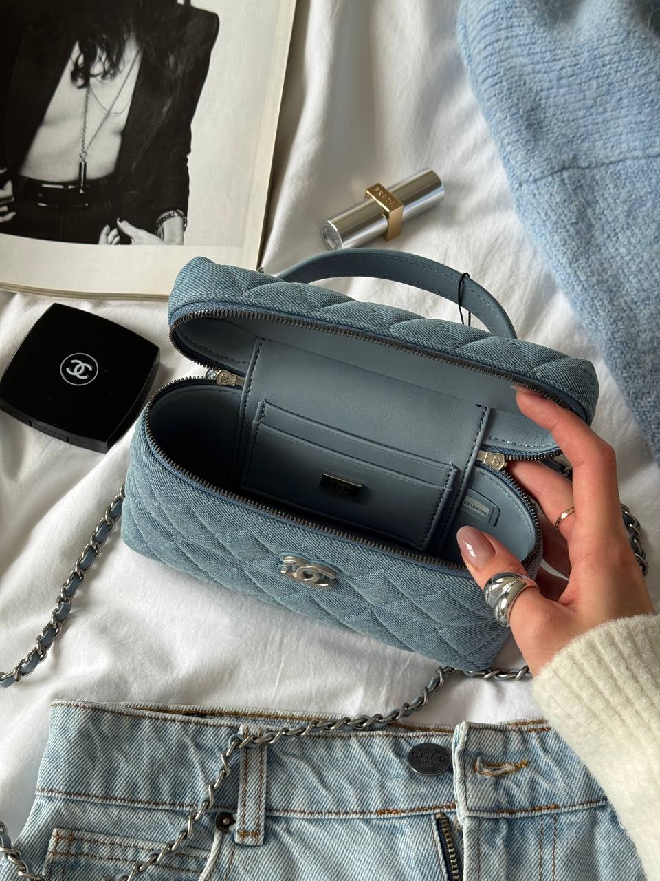 Chanel Denim Quilted Top Handle Slim Vanity Case With Chain Blue - 14