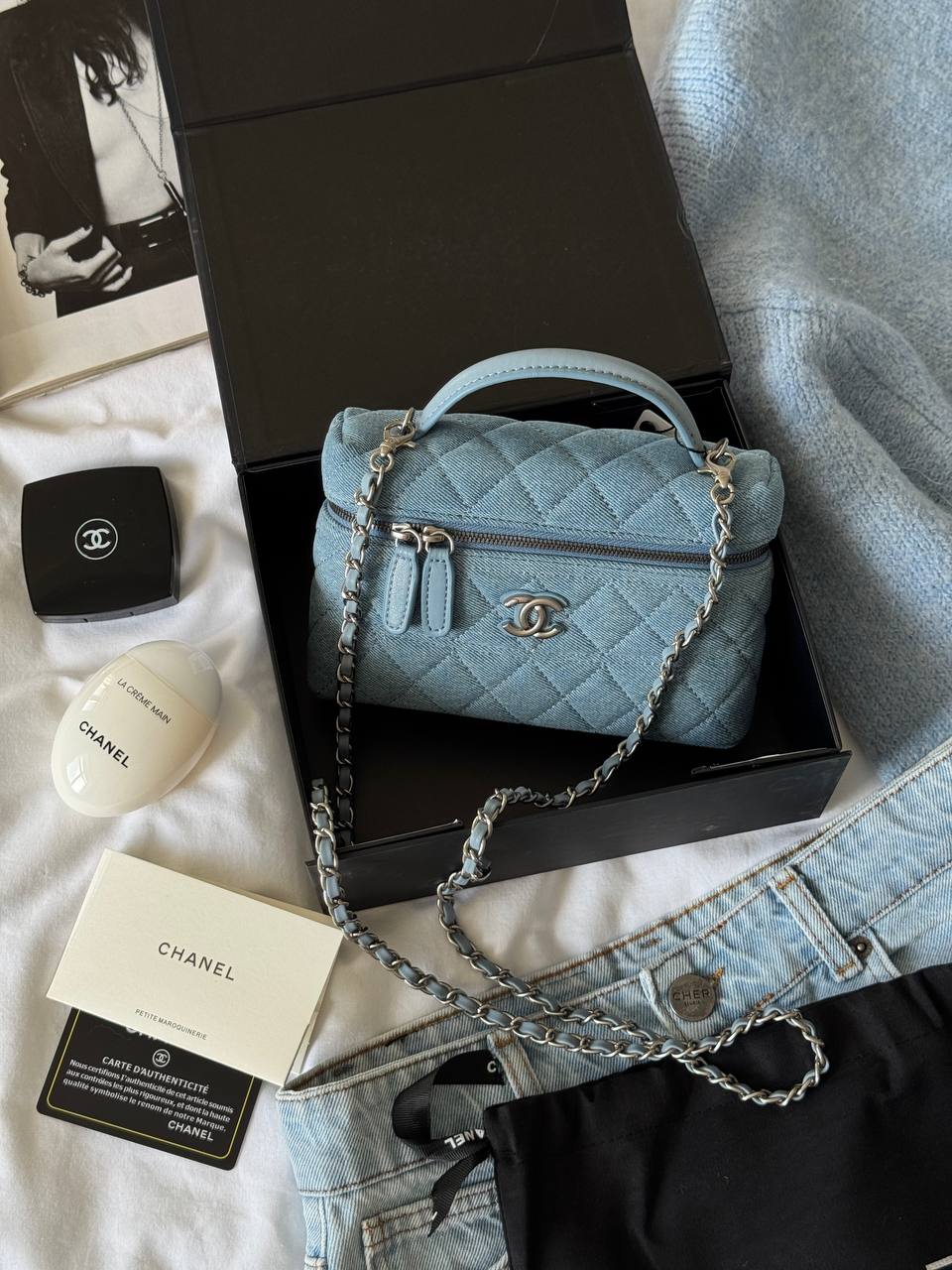 Chanel Denim Quilted Top Handle Slim Vanity Case With Chain Blue - 4