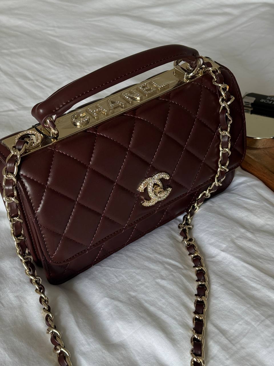Chanel Mini Flap Bag with Top Handle Lambskin Burgundy - 2