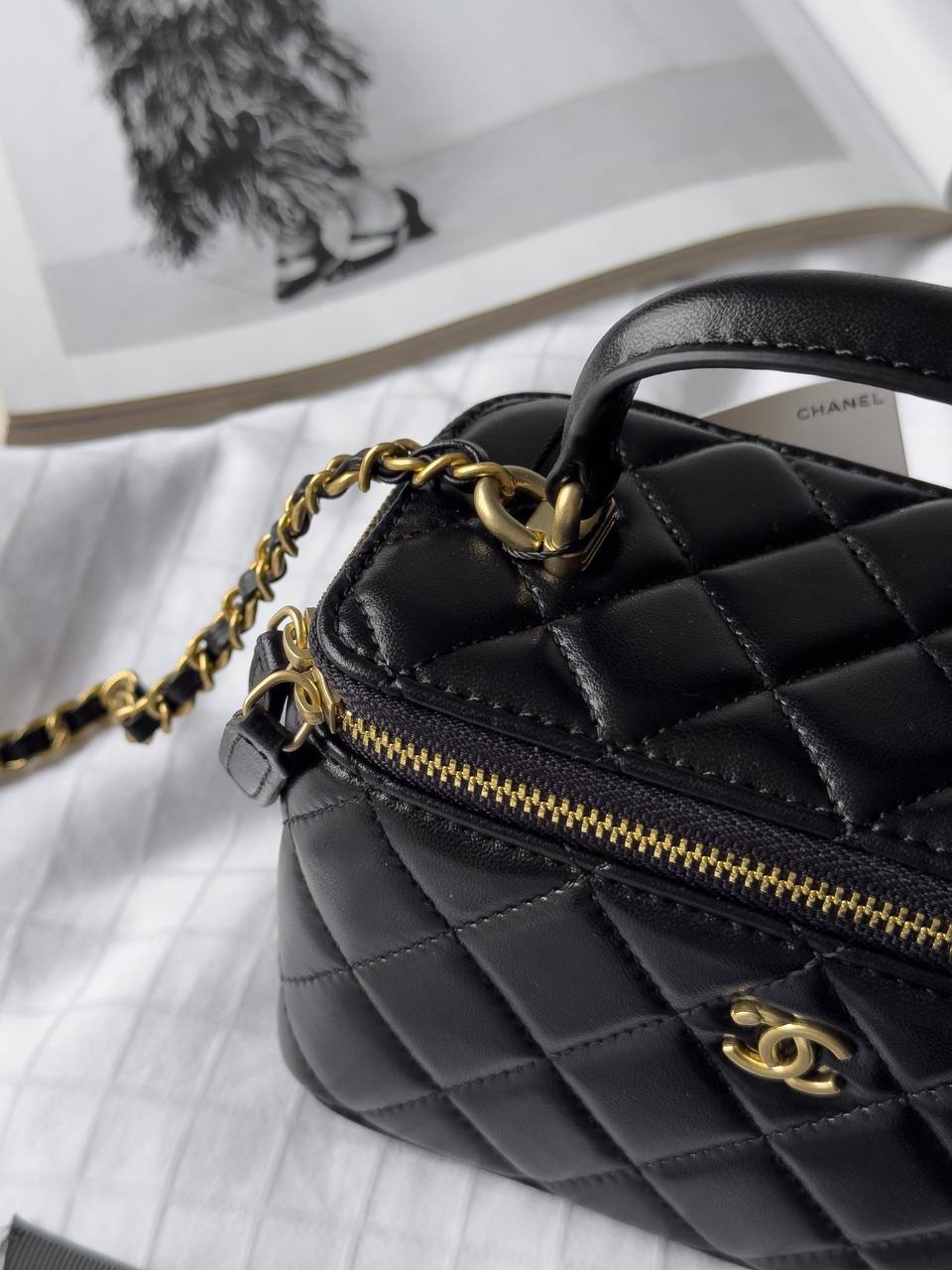 Chanel Mini Vanity Top Handle Case Black Lambskin Brushed Gold Hardware - 11