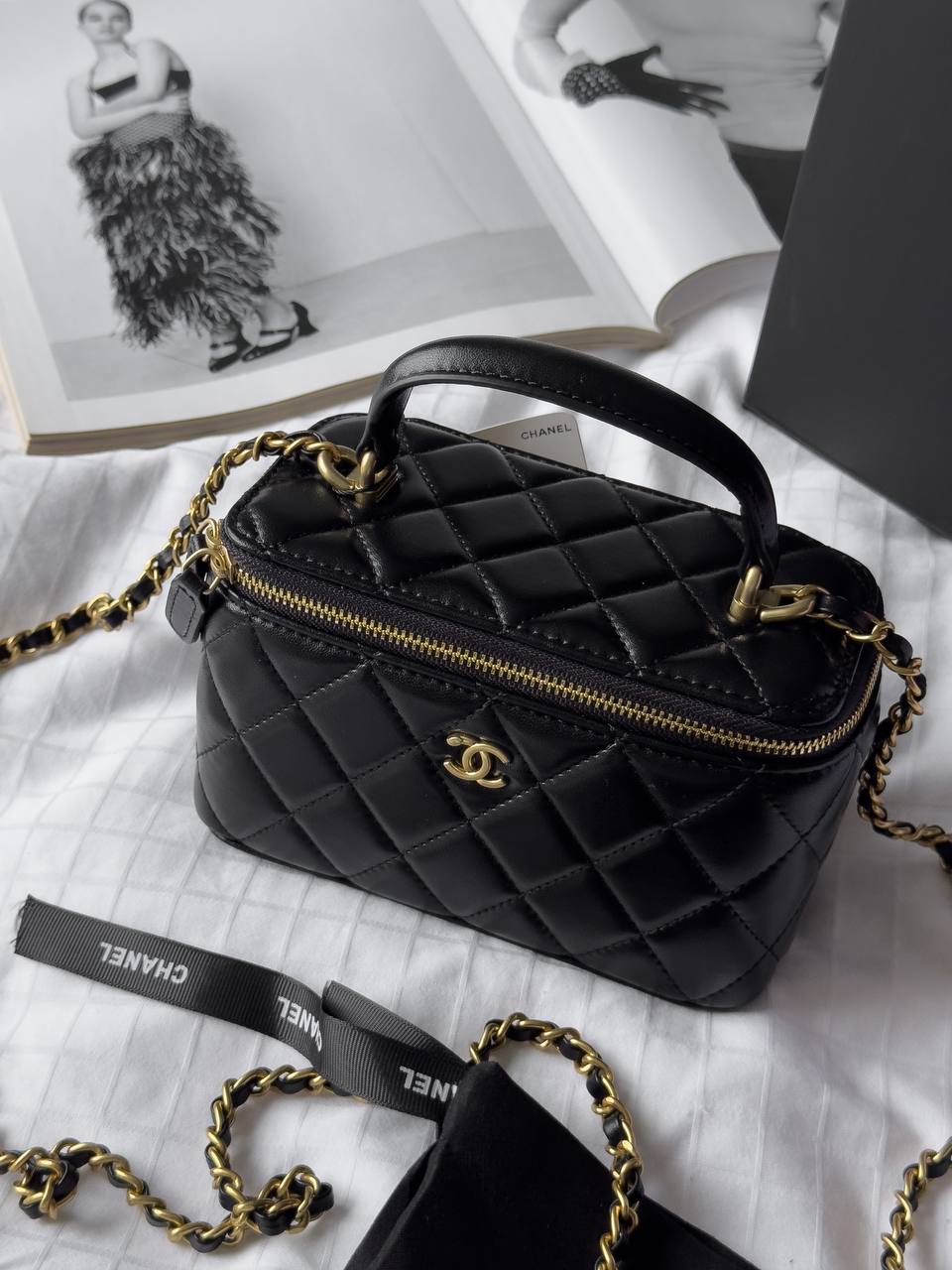 Chanel Mini Vanity Top Handle Case Black Lambskin Brushed Gold Hardware - 3