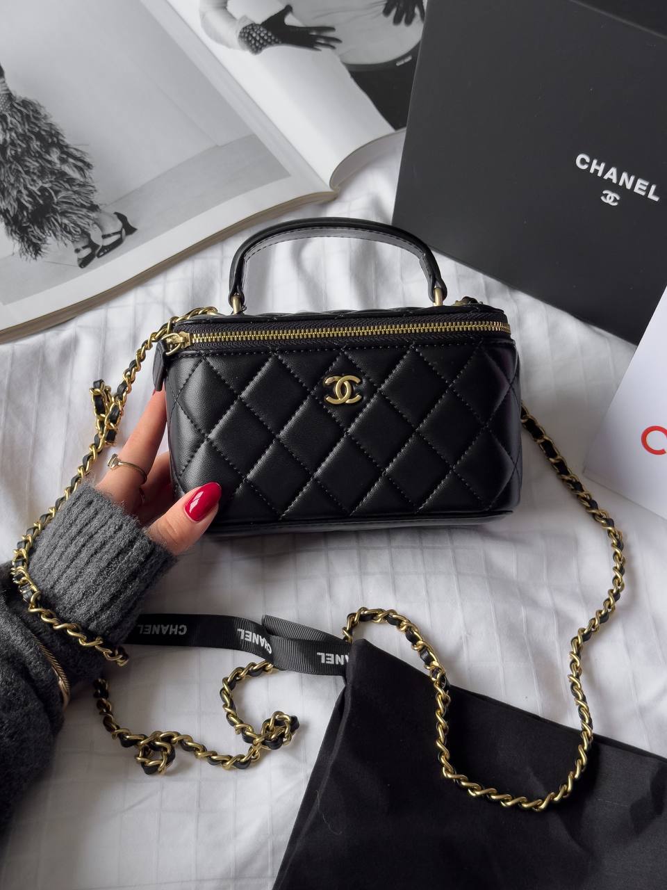 Chanel Mini Vanity Top Handle Case Black Lambskin Brushed Gold Hardware - 5