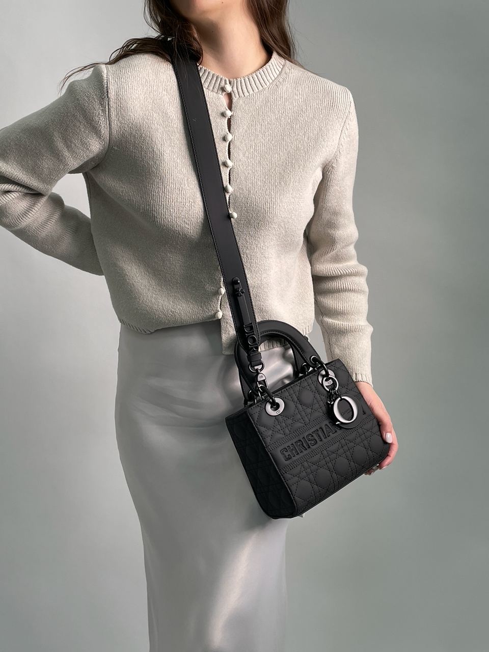 Christian Dior Latte Ultramatte Cannage Calfskin Mini Lady Dior Black - 3