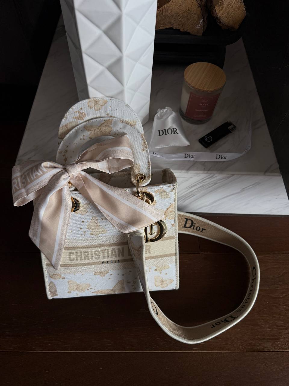 Christian Dior Medium Lady Dior Butterfly Embroidered Canvas Bag in Off-White/Beige - 12