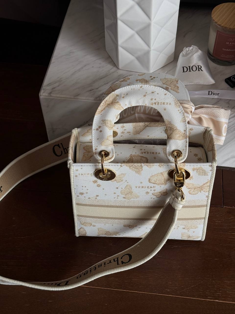 Christian Dior Medium Lady Dior Butterfly Embroidered Canvas Bag in Off-White/Beige - 13