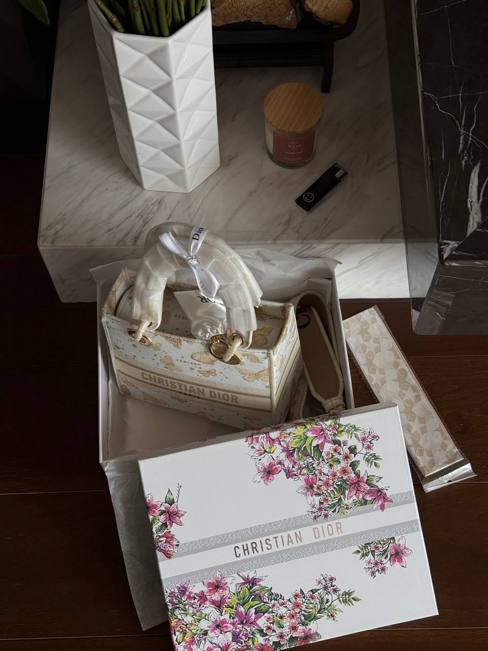 Christian Dior Medium Lady Dior Butterfly Embroidered Canvas Bag in Off-White/Beige - 18