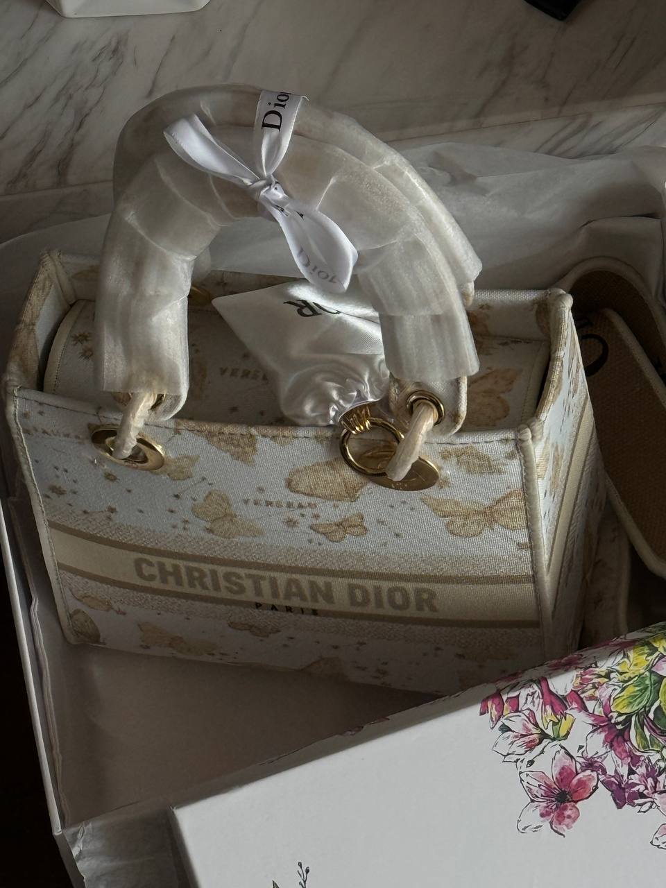 Christian Dior Medium Lady Dior Butterfly Embroidered Canvas Bag in Off-White/Beige - 19