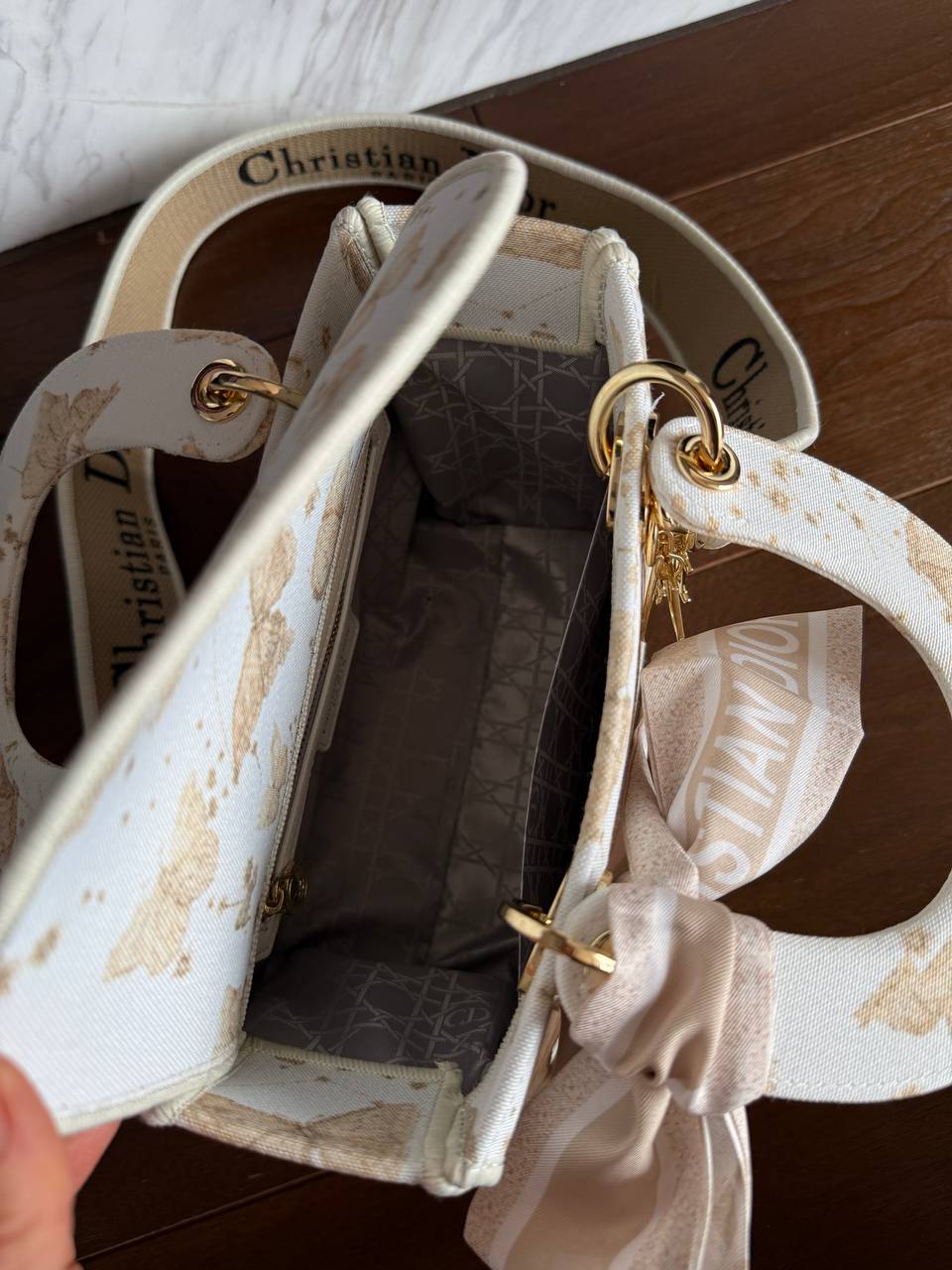 Christian Dior Medium Lady Dior Butterfly Embroidered Canvas Bag in Off-White/Beige - 21