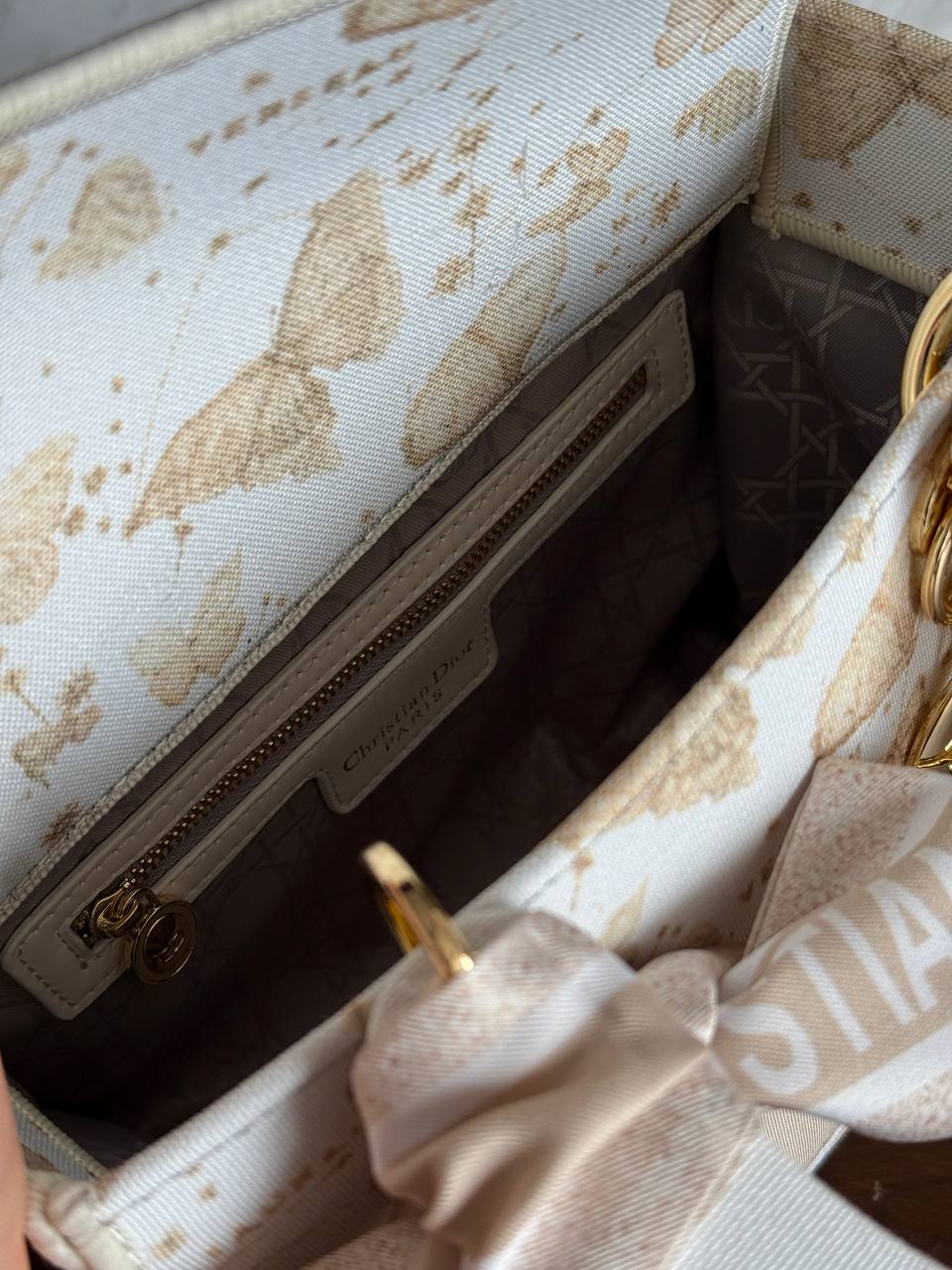 Christian Dior Medium Lady Dior Butterfly Embroidered Canvas Bag in Off-White/Beige - 22