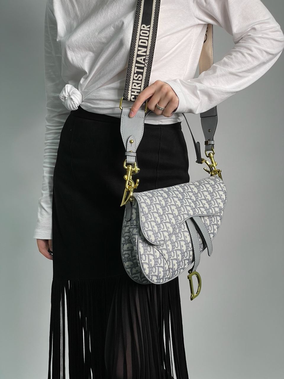 Christian Dior Saddle Bag Gray Oblique Embroidery - 5