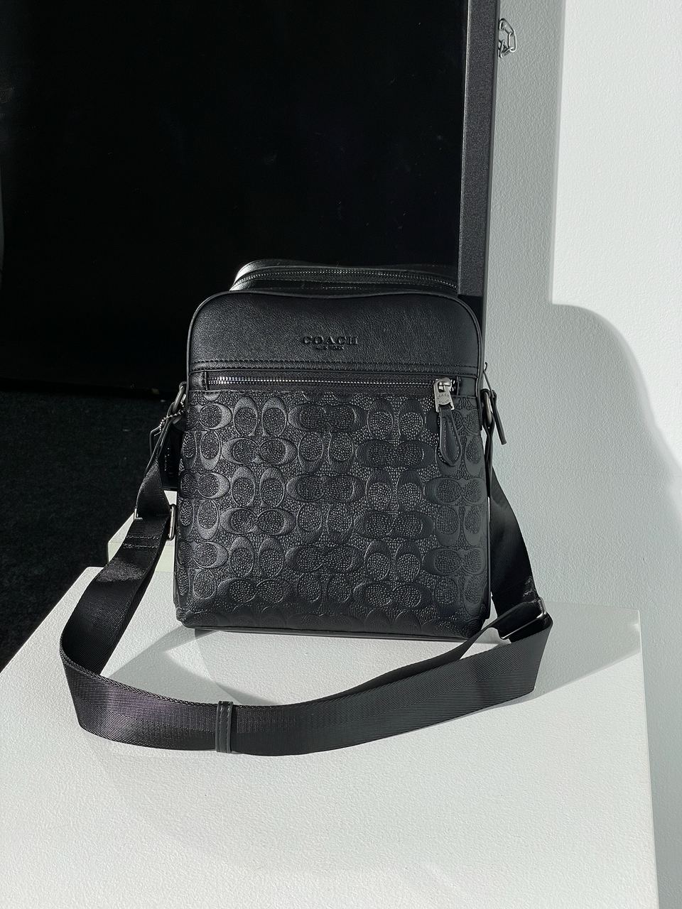 Coach Houston Relief Print Cow Leather Flight Bag Black - 3