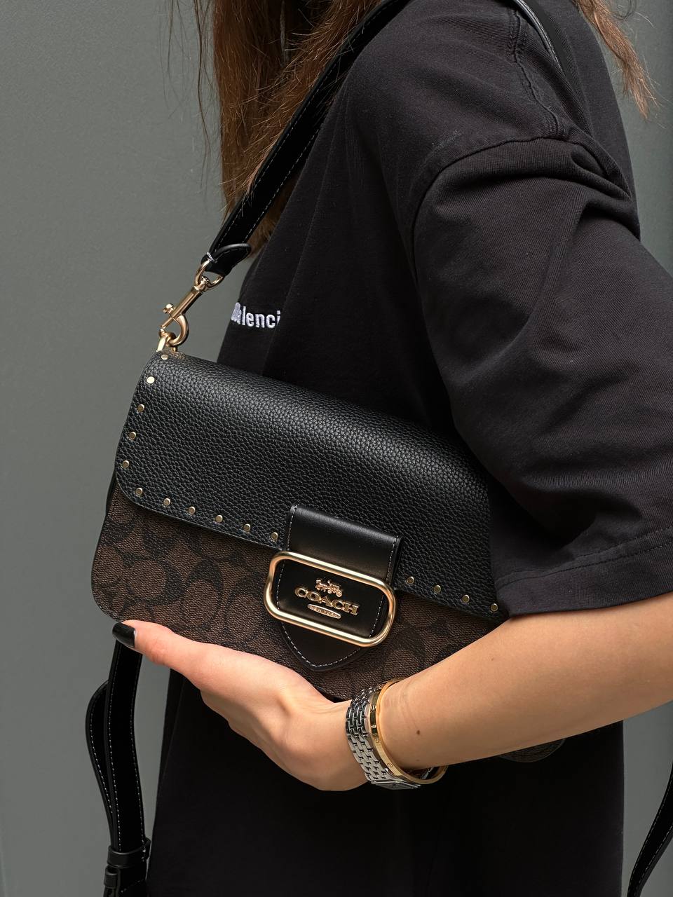 Coach Jade Shoulder Bag With Rivets In Signature Canvas Brown/Black - 4