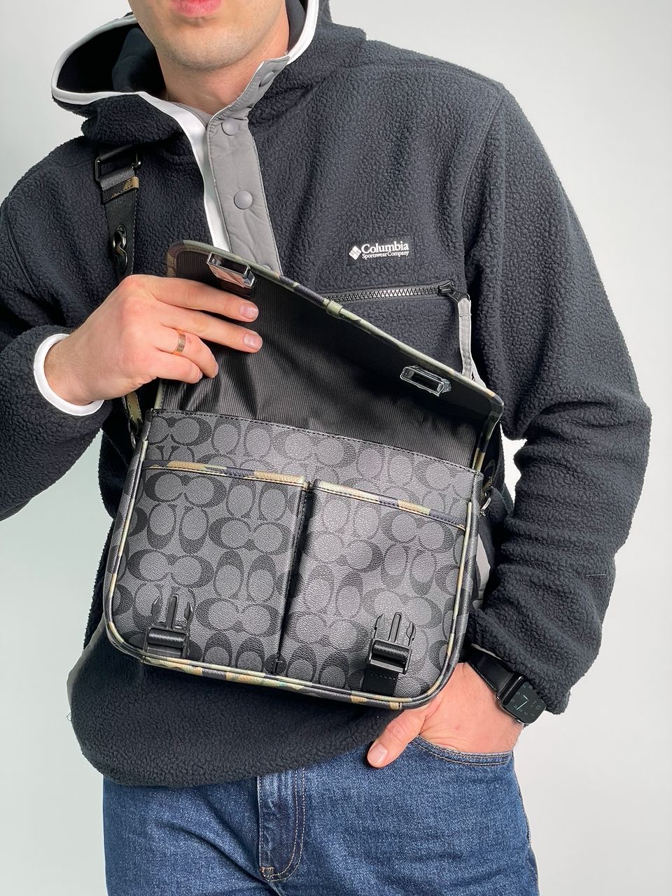 Coach Khaki &amp; Black League Hybrid Messenger Bag In Charcoal Mul - 14