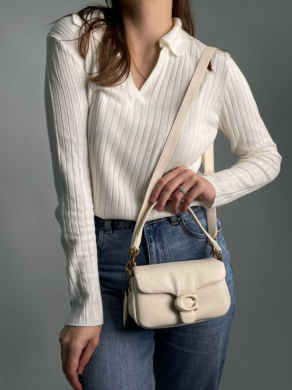 Coach Leather Covered C Closure Puffy Tabby Shoulder Bag Cream - 5