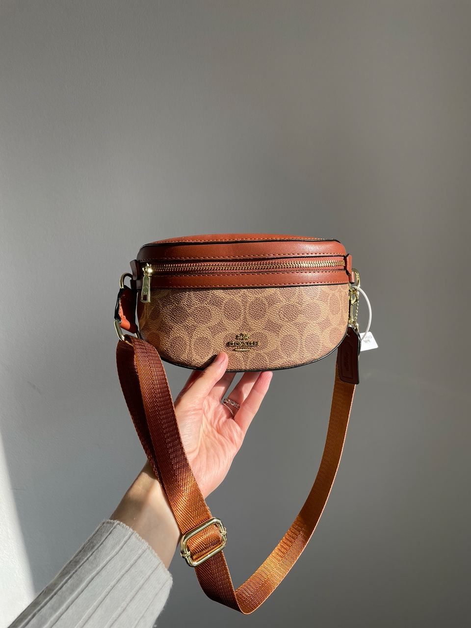 Coach Leather Signature Belt Bag, Tan/Rust - 11