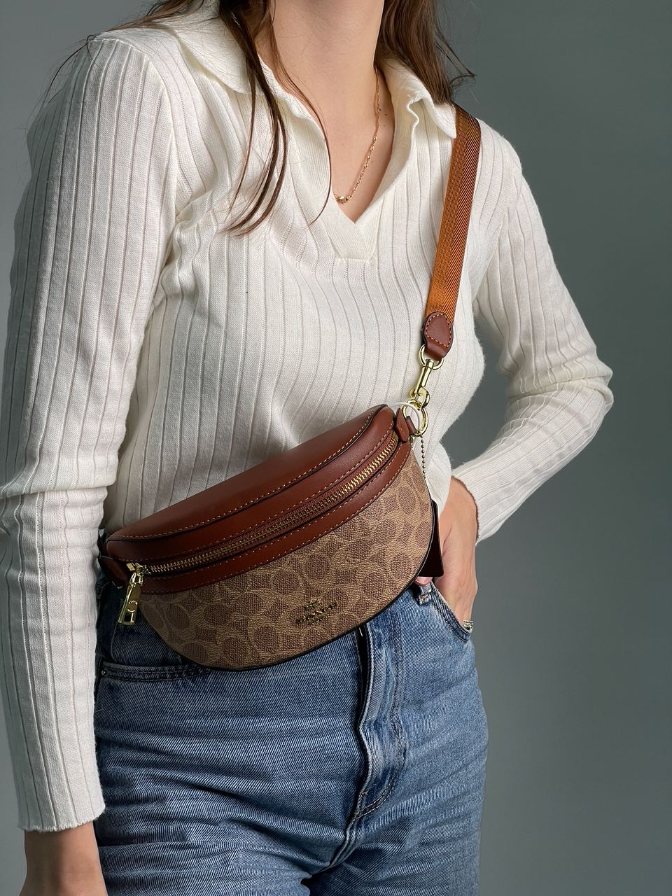 Coach Leather Signature Belt Bag, Tan/Rust - 5