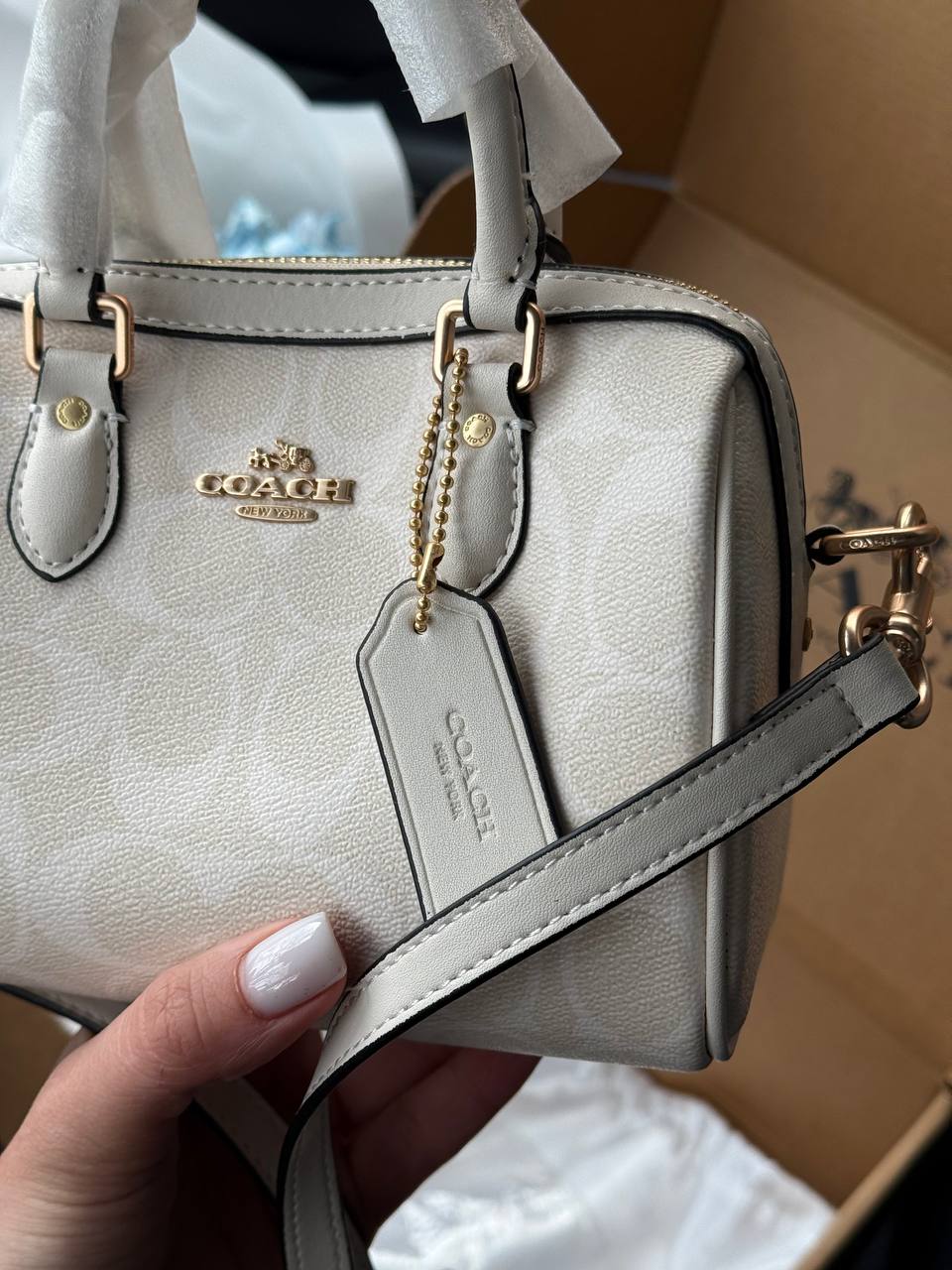 Coach Mini Rowan Satchel in Cream/Chalk Leather - 11