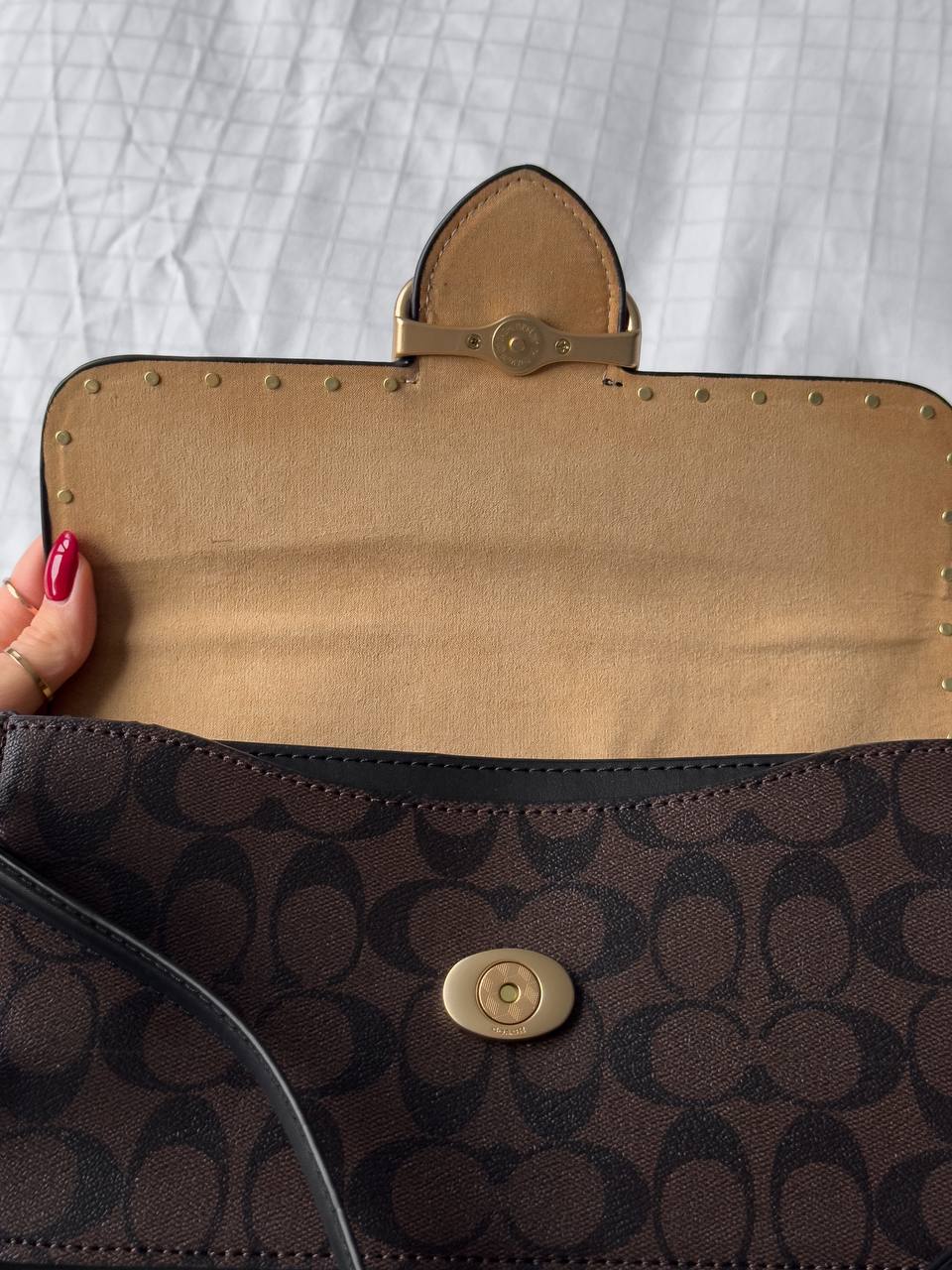 Coach Morgan Shoulder Bag in Colorblock Signature Canvas with Rivets in Gold/Brown Black Multi - 15