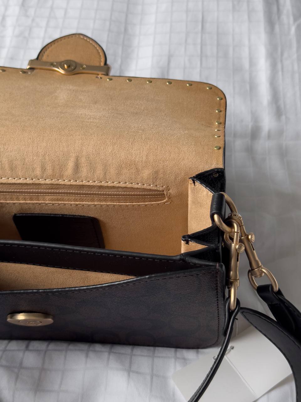 Coach Morgan Shoulder Bag in Colorblock Signature Canvas with Rivets in Gold/Brown Black Multi - 16