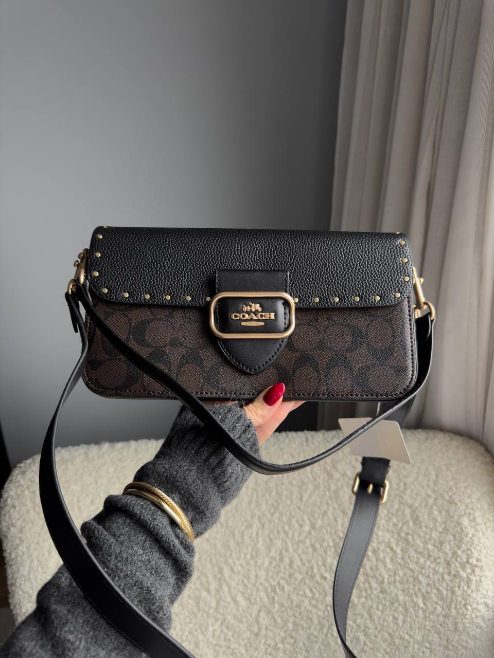 Coach Morgan Shoulder Bag in Colorblock Signature Canvas with Rivets in Gold/Brown Black Multi - 5
