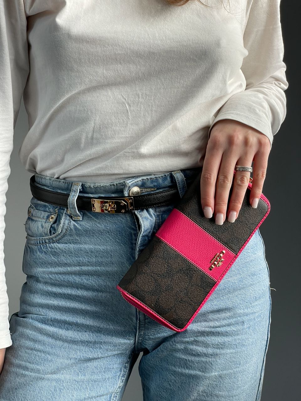 Coach Round Fastener Long Wallet Signature Brown/Pink - 3